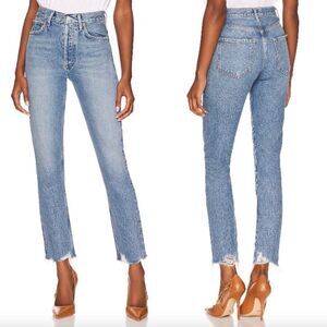 AGOLDE medium Haven wash indigo denim Riley high rise straight crop jeans